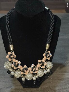 Ann Taylor Peach Floral Crystal & Black Bead Statement Necklace